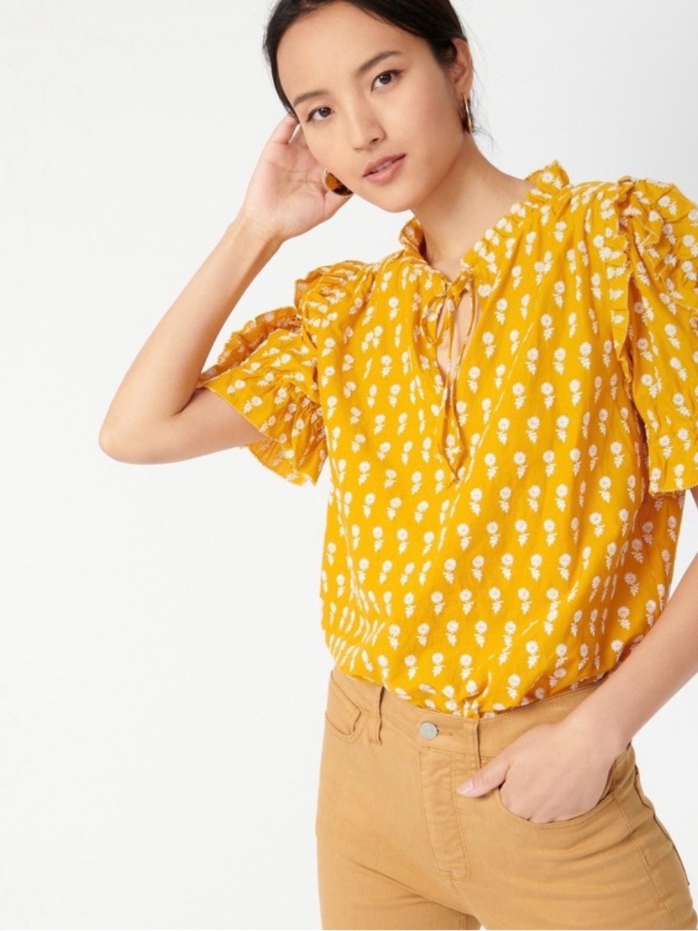 J. Crew Mustard Yellow Floral Puff-Sleeve Blouse